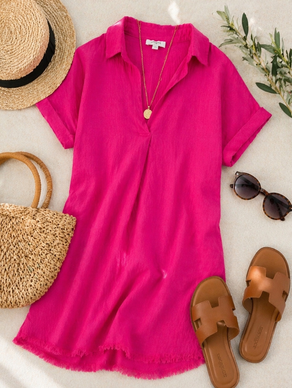 Umgee Hot Pink Collared Mini Dress Lightweight Tunic Shift Size M